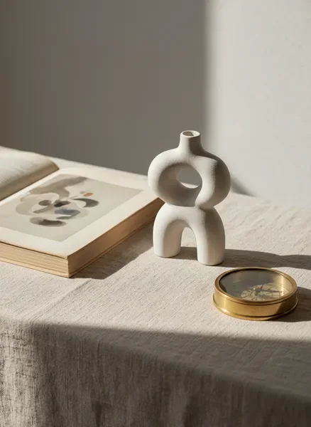 Curated still-life arrangement of art objects and design elements